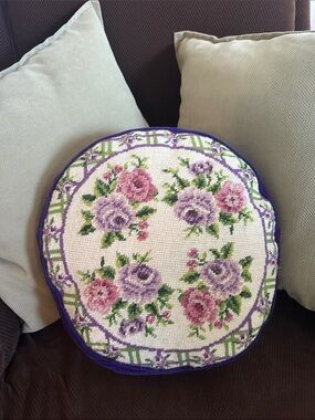 Round Floral Needlepoint Pillow - Purple and Pink Roses